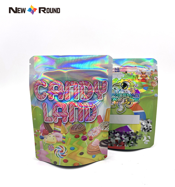 Custom Mylar Bags Holographic Glossy Shiny Rainbow Color Smell Proof Zipper 3.5 Gram Sealed Mylar Gummy Packaging