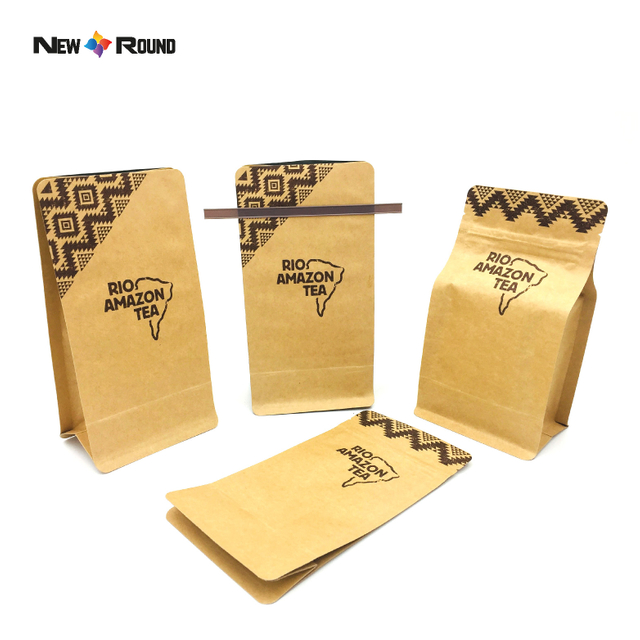 Smell Proof Biodegradable Flat Bottom Bags Eco Friendly Kraft Paper Coffee Bean Packaging Bag With Zipper Valve And Tin Tie