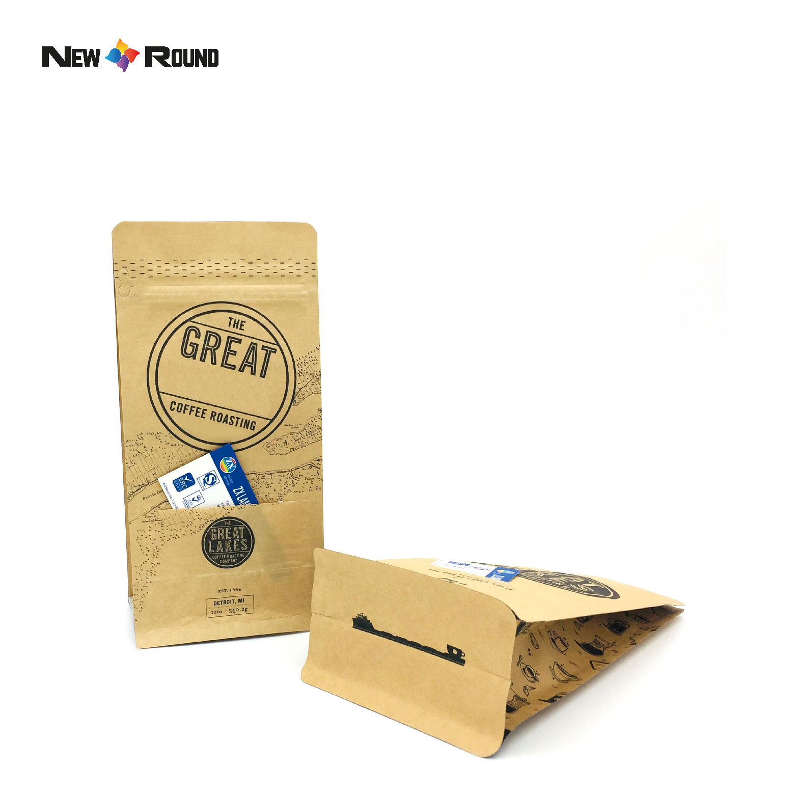 Customized Label Plastic Kraft Paper Pouch One Way Valve Roasted Bean Flat Bottom Coffee Bag Packaging