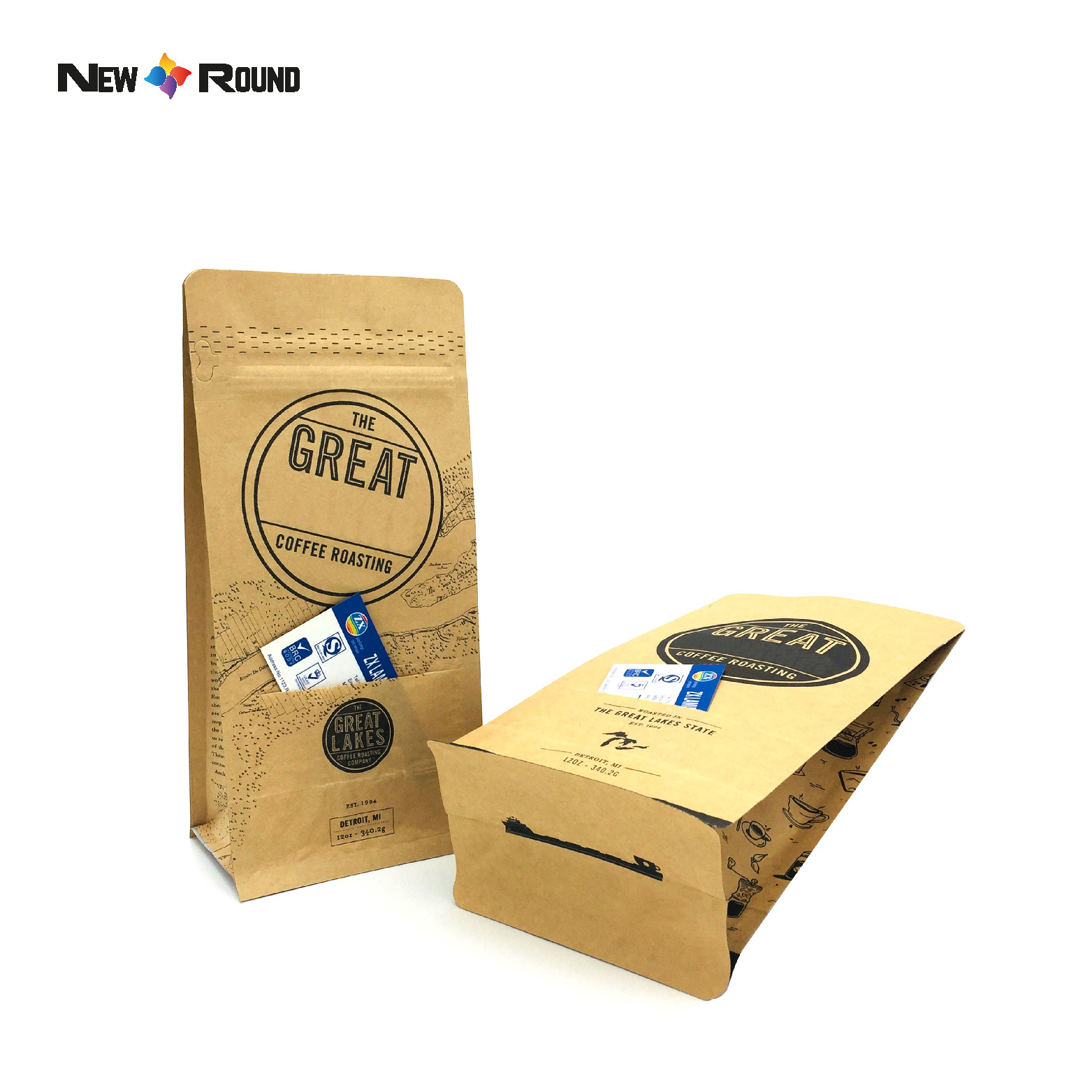 Customized Label Plastic Kraft Paper Pouch One Way Valve Roasted Bean Flat Bottom Coffee Bag Packaging