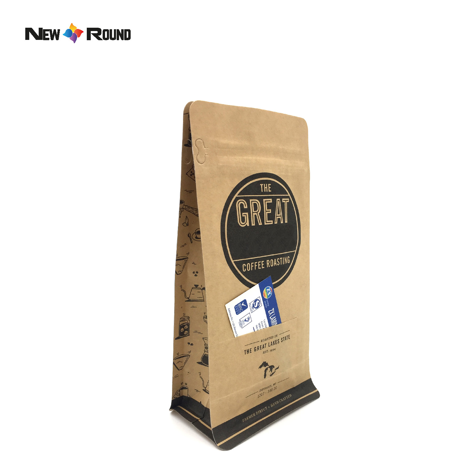 Customized Label Plastic Kraft Paper Pouch One Way Valve Roasted Bean Flat Bottom Coffee Bag Packaging